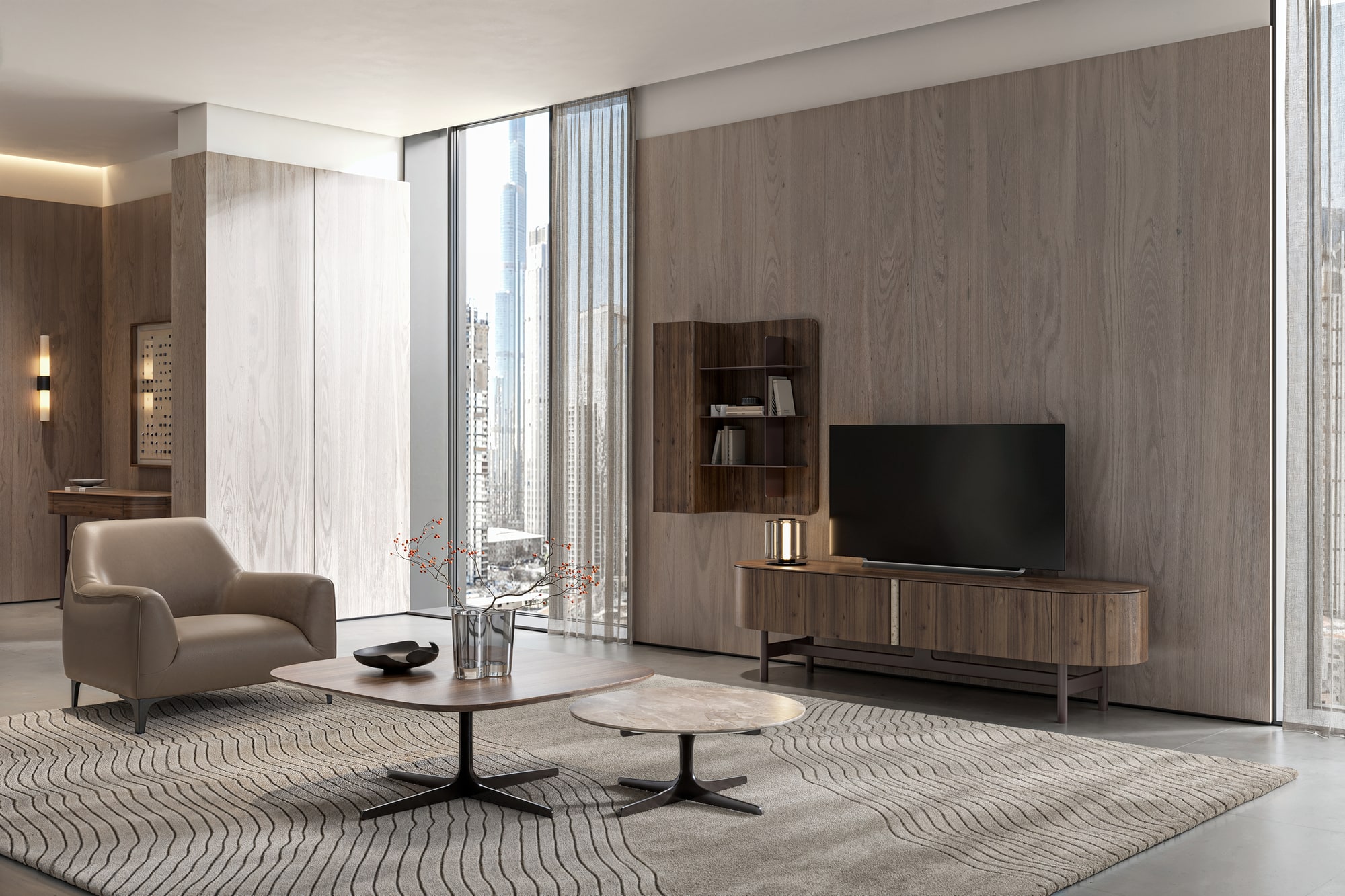 Тумба ТВ NESSA 360 cm + Настенный шкаф-витринa