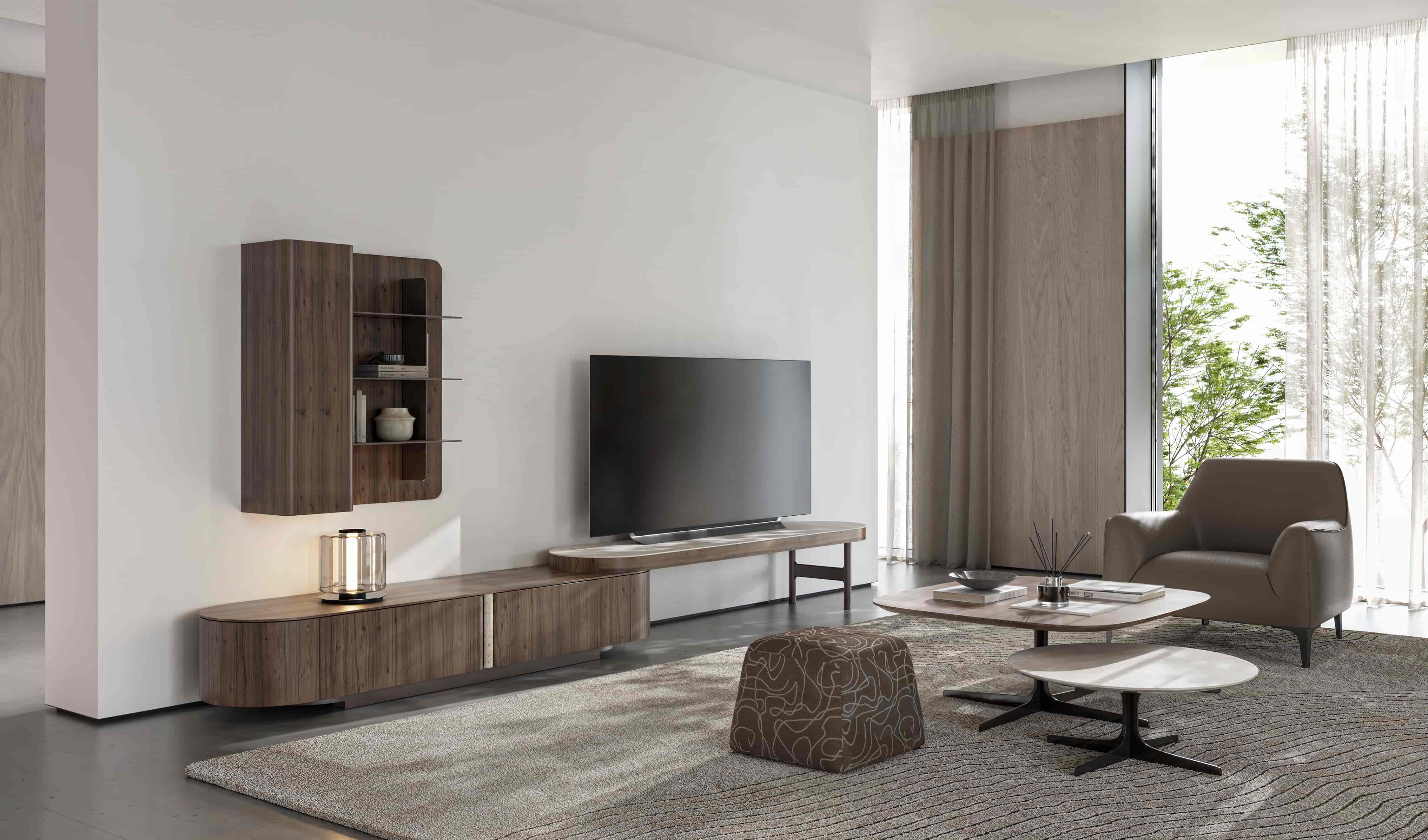 Тумба ТВ NESSA 360 cm + Настенный шкаф-витринa